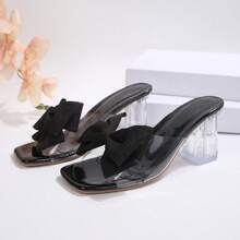 Women's Square Toe Butterfly Decor High Heel Sandals, Transparent Heel Slip-On Sandals For Vacation, Party, All Seasons - Black - View 8