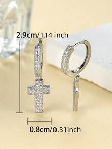 Vanel 1Pair Luxury Silvery Cross Paved Cubic Zirconia Earrings, Religious Leverback Hoop Design, Fashion Statement Jewelry, Elegant Jewelry Gift For Her - Silver-white - View 6