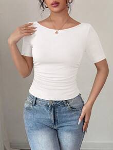 PRETTYGARDEN Womens Summer Short Sleeve Tops Boat Neck Ribbed Knit Slim Fit T Shirt Casual Basic Top Y2K Clothes - 淺白色 - 查看 3