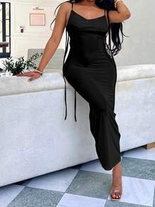 Women's Solid Color Backless Spaghetti Strap Dress, Summer Party Black Elegant - Black - View 3