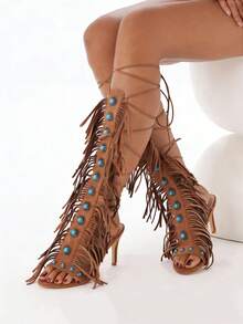 Women's Knee High Sandals High Heel Strappy Gladiator Shoes Fashion Fringe Tassels Lace-Up Sandalas Suede Open Toe With Stones Summer Shoes Beach Party Vacation Comfortable Shoes - màu nâu - Xem 5