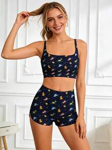 Women's Camouflage Shorts And Suspenders Set (2-Piece) - Cute And Colorful Summer Outfit - 黑色彩色恐龍 - 查看 2