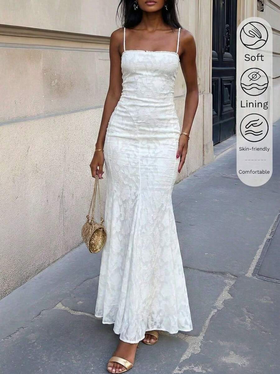 Unadoll 女士春夏法式优雅白色提花细肩带收腰美人鱼长裙，带衬里，露背交叉系带细节，适合度假婚礼宾客穿着 - 白色 - 查看 1