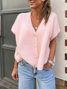 Women's Casual Loose Knit Sweater, Pink, Suitable For Spring, Summer And Autumn. Holiday Edition With Delicate Buttons, V-Neck Cardigan Vest, Minimalist And Versatile - Baby Pink - View 1
