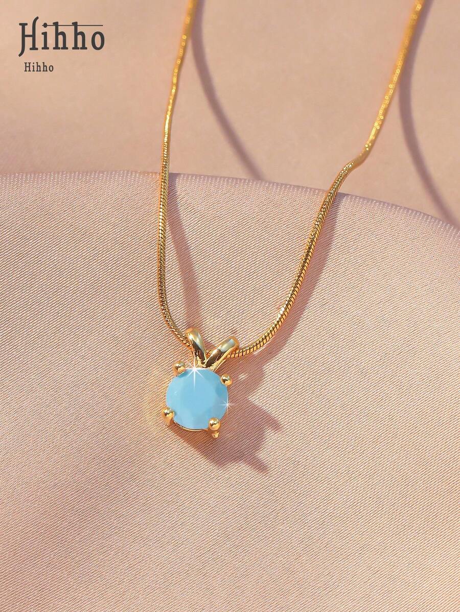Hihho 1 chiếc dây chuyền mặt đá Zirconia đơn giản màu xanh ngọc lam dành cho nữ, dây xích dạng rắn bằng thép không gỉ màu bạc/vàng, dây chuyền độc đáo và thanh lịch. - màu xanh ngọc lam - Xem 1