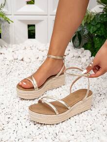 Giày sandal nữ đế dày dệt vàng, kiểu dáng thường ngày, sandal cao gót đế xuồng phong cách Bohemian retro, sandal đế xuồng quai ngang mắt cá chân bằng vải bố, kiểu phương Tây, trang phục dự tiệc lễ hội âm nhạc, giày dép mùa xuân hè, kỳ nghỉ xuân, lễ Phục sinh, sandal đế xuồng. - Vàng - Xem 3