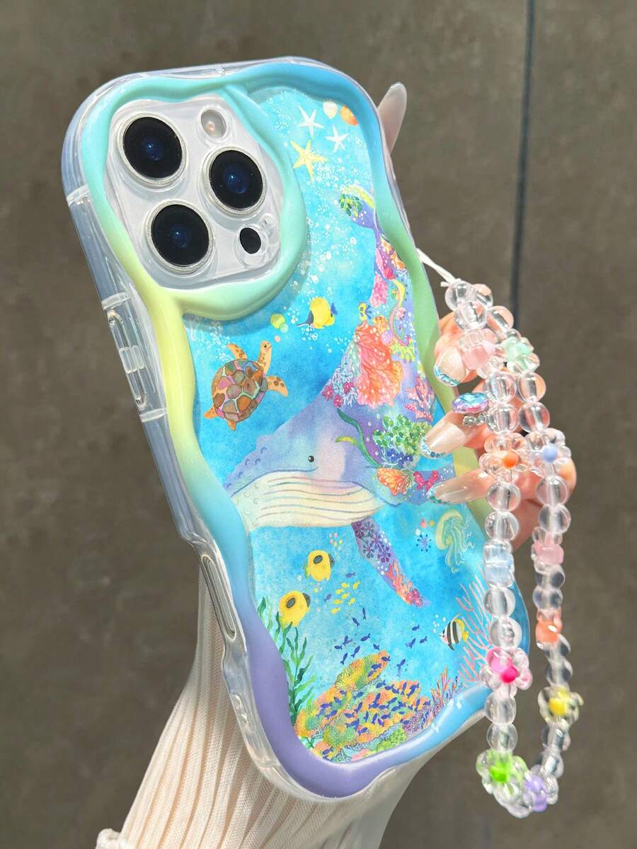 海洋海豚图案印花平纹奶油色波浪边手链式手机壳,简约防震加厚保护壳,适用于 17/17 Pro/17 Pro Max/16 XR/7/8 15 Pro Max/12 Pro Max/13 Pro Max/14 Pro Max 13 14 11 12P 14 P11软壳 P12 防摔 XS.XR /78P.78GES2,适用于A134G A22 A21S A514G A52 S22 ULTRA A335G,A34 A35,适用于Redmi 10 Note 114G 11 Lite A53 TPU A14 /A23/S23 ULTRA S24 A14 A15 S23 A73 A55 A54手机壳 - 彩色 - 查看 1