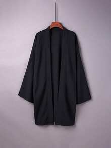 Versatile Solid Color Mid-Length Plus Size Windbreaker, Kimono Cover Up, Chinese Style Long Robe, Hanfu Inspired Lightweight Jacket, Summer Beach Swimsuit Cover Up Black - Black - View 10