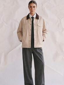 OUTTA BOX Áo khoác dáng rộng tay dài có túi hộp, một hàng khuy, cổ bẻ, màu khối, đầu xuân - Màu be - Xem 3