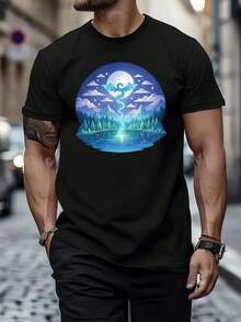Camiseta con gráfico de dragón y luna fantasy. Tela de calidad, cuello redondo, ajuste cómodo, impresión artística. - Negro - Ver 1