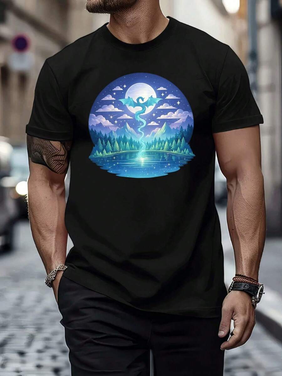 Camiseta con gráfico de dragón y luna fantasy. Tela de calidad, cuello redondo, ajuste cómodo, impresión artística. - Negro - Ver 1