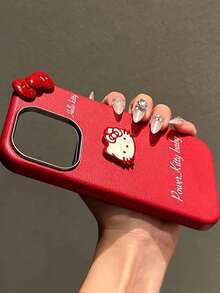 SANRIO 猫咪图案红色皮革纹理蝴蝶结手机壳，适用于苹果11-17 Pro Max - 紅色 - 查看 2