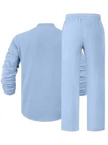 Men's Linen Casual 2 Piece Outfits Long Sleeve Lapel Shirt & Long Pants Set Loose Fit V Neck Tops Breathable Beach Vacation Daily Streetwear All Season Spring Summer Autumn New Arrival - Xanh nhạt - Xem 6