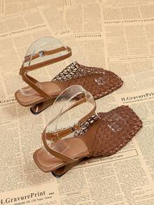 Sandal cao gót mũi vuông thoáng khí bằng lưới dành cho nữ, sandal xỏ ngón liền thân màu nâu cho mùa hè - màu nâu - Xem 11
