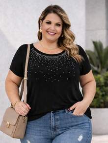Plus Size Short Batwing Sleeve Blouse With Round Neck And Rhinestone Detail - Casual Chic Fabric - Comfortable Knit - Perfect For Everyday Urban Wear - Hitam - View 9