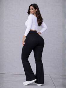Women's Flare Jeans With Shaping Lycra, Black, Premium Fabric, No Transparency, Won't Fade - 黑色 - 查看 5