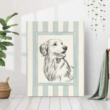 Impresión Artística de Golden Retriever 2D Plano, Ilustración Inspiradora en Lienzo a Rayas, Decoración Divertida para Hogar, Dormitorio, Cocina, Sala, Baño o Oficina, Póster de Lienzo para Hotel y Café, Arte Canino Transicional - Enmarcado - Ver 2