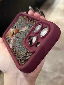 Bow-Knot 1pc Burgundy Vintage Deer Pattern Minimalist Personalized TPU Shockproof Full Coverage Phone Case, Compatible With Apple 17, 16, 15, 14, 13, 12, 11 Pro Max, Air, And Series - Multicolor - View 4