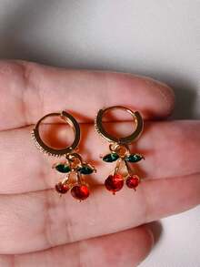 1 Pair Red Cherry Hoop Earrings, Cute & Versatile Zirconia Earrings - Red - View 4