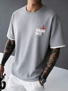 Men's Summer Fashion Versatile Street Letter Print Contrast Trim Short Sleeve T-Shirt - Grey - View 2