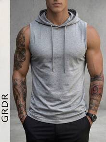 GRDR Men's Summer Casual Solid Color Drawstring Hoodie Vest - Light Grey - View 3