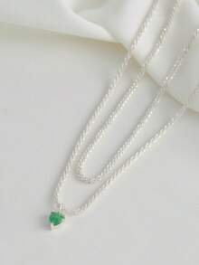 Bộ 2 dây chuyền mặt dây chuyền hình trái tim hai lớp lấp lánh màu bạc, đính đá Zirconia xanh lấp lánh. - Bạc - Xem 5