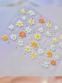 1pc 5D Fashionable White Lily Flower Nail Art Sticker, Delicate Cute Petal & Leaf Self-Adhesive Nail Decor - Multicolor - View 7