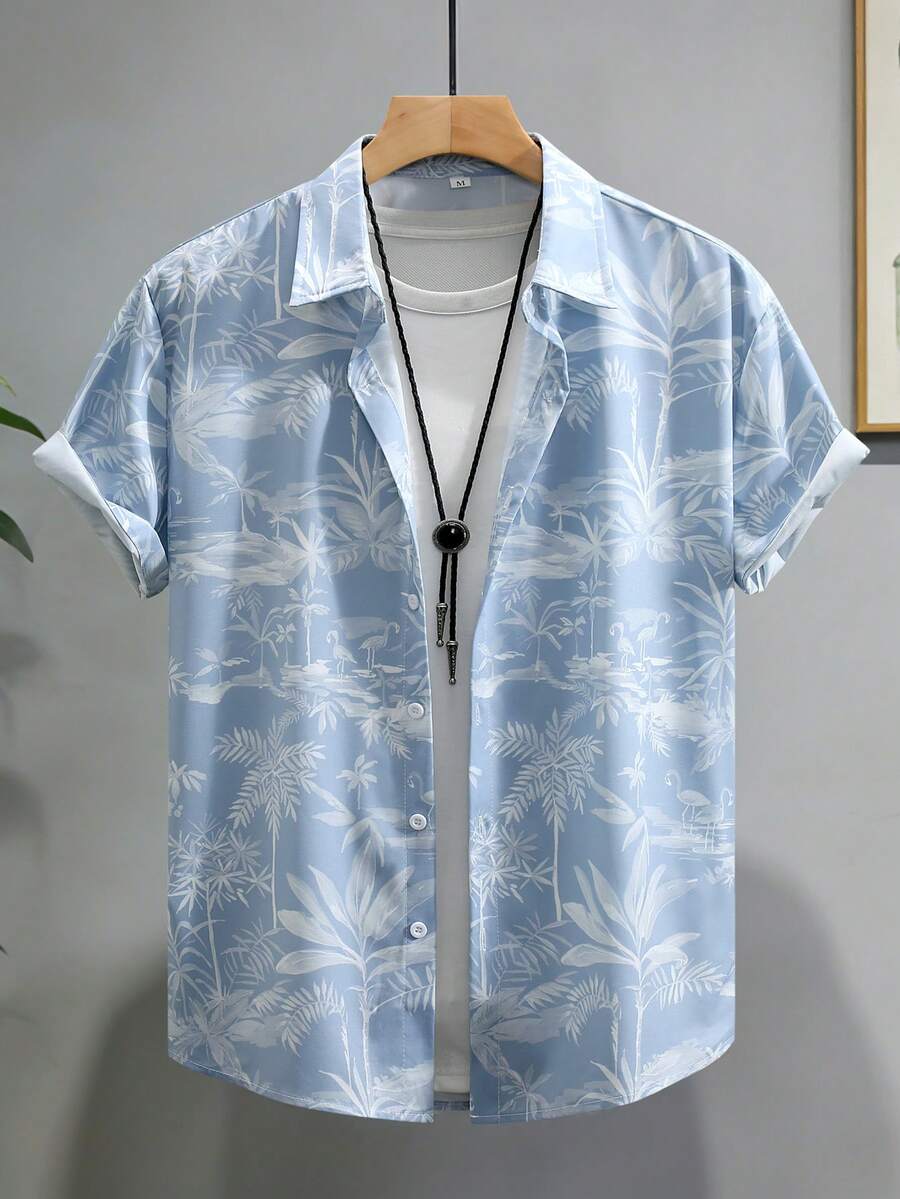 Camisa casual de manga corta con cuello vuelto y botones con estampado de plantas tropicales para hombre, verano - Gris Claro - Ver 1