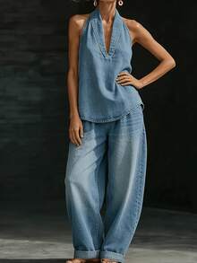2026"Effortless V-Neck Denim 2pcs Set"| Short-Sleeve Loose Top& Wide-Leg Jeans, Perfect For Commute& Laid-Back Daily Style - Light Blue - View 5