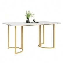 140 X 80cm Dining Table (1 Piece), Modern Kitchen Table, Metal Frame, Rectangular Dining Table With Modern Marble Pattern, Kitchen Table With Adjustable Legs For Dining Room/Living Room, White/Gold - White - View 11
