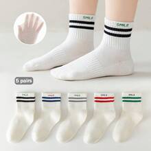 5 Pairs | Milk White Contrast Color Striped Socks, All-Match Style! Children's Sports Striped Mid-Calf Socks, Multiple Colors Available! Unisex Kids Socks, Wear-Resistant! Essential For School & Daily Wear - Multicolor - View 9