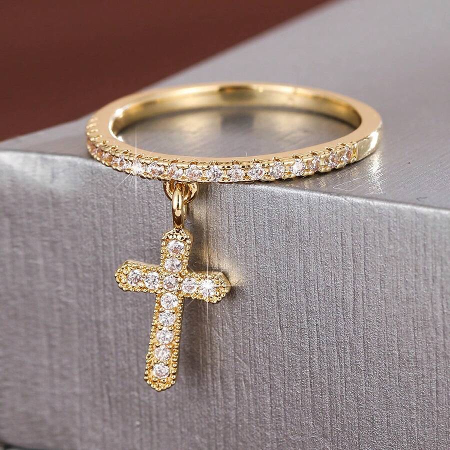 1pc Minimalist Cross Design Cubic Zirconia Inlaid Women Ring - Multicolor - View 1