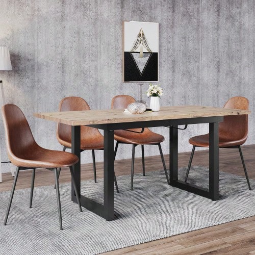 Mesa de comedor extensible, L140/180*W80*H75, estilo industrial, rectangular, mesa de centro/ocio, mesa de comedor de hierro simple y moderna, mesa de comedor multifuncional que ahorra espacio, MDF, aspecto roble + negro - Caqui - Ver 1
