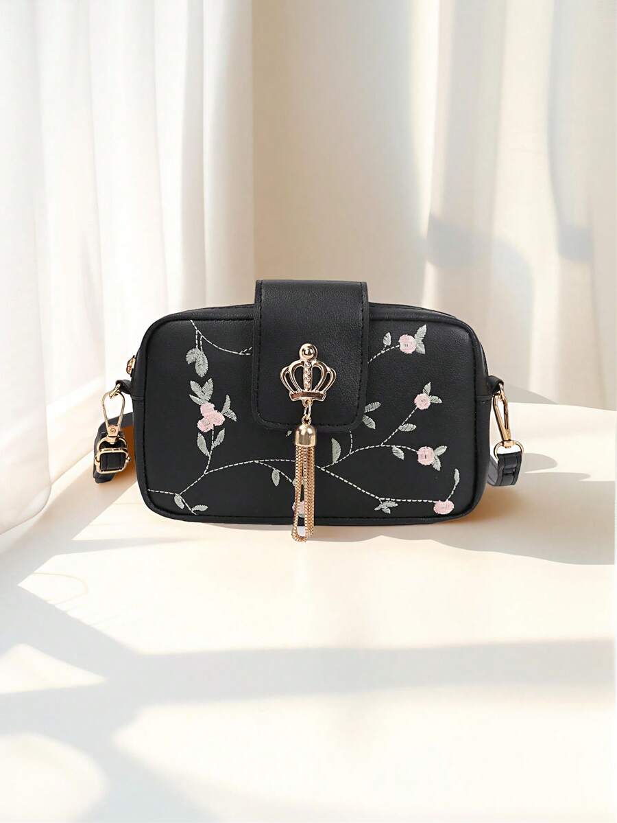 Fashionable Embossed Crown Pendant Tassel Crossbody Bag - Black - View 1