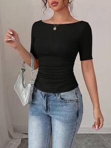 PRETTYGARDEN Womens Summer Short Sleeve Tops Boat Neck Ribbed Knit Slim Fit T Shirt Casual Basic Top Y2K Clothes - 深黑 - 查看 5