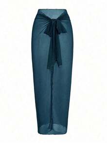 Swim Oasis Traje de baño de una pieza con panel de malla fruncida de unicolor y falda pareo - Agua verde azul 2 - Ver 6