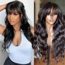 Dollface Black, Voluminous Human Hair Wig With A Natural Loose Body Wave Texture And Bangs | 3D Body Wave Lace Front Wig With Bangs | Completely Machine-Made | Ready-To-Wear And Glue-Free | Summer Wig | Curtain Bangs Style With An Invisible Drawstring For A Perfect Fit On Any Head Size | Human Hair, Pre-Plucked, Pre-Cut, And With Bleached Knots | Natural Black | 180% Hair Density | Lace-Front Wig For Women | Glue-Free Body Wave Remy Human Hair Wig In A Natural Color | Beginner-Friendly And Breathable - Natural Black - Xem 4