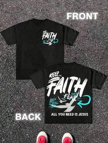 T-shirt en coton imprimé grande taille pour homme : << Gardez la foi plutôt que la peur, tout ce dont vous avez besoin c'est Jésus, la paix, le Christ » (T-shirt en coton). T-shirt décontracté à manches courtes et col rond pour homme, coupe ample, polyvalent, unisexe, idéal pour les voyages et les vacances. Chemise oversize style années 2000 pour homme, tailles S à 5XL, 100 % coton, idéale pour l'été. - Noir - Voir 1