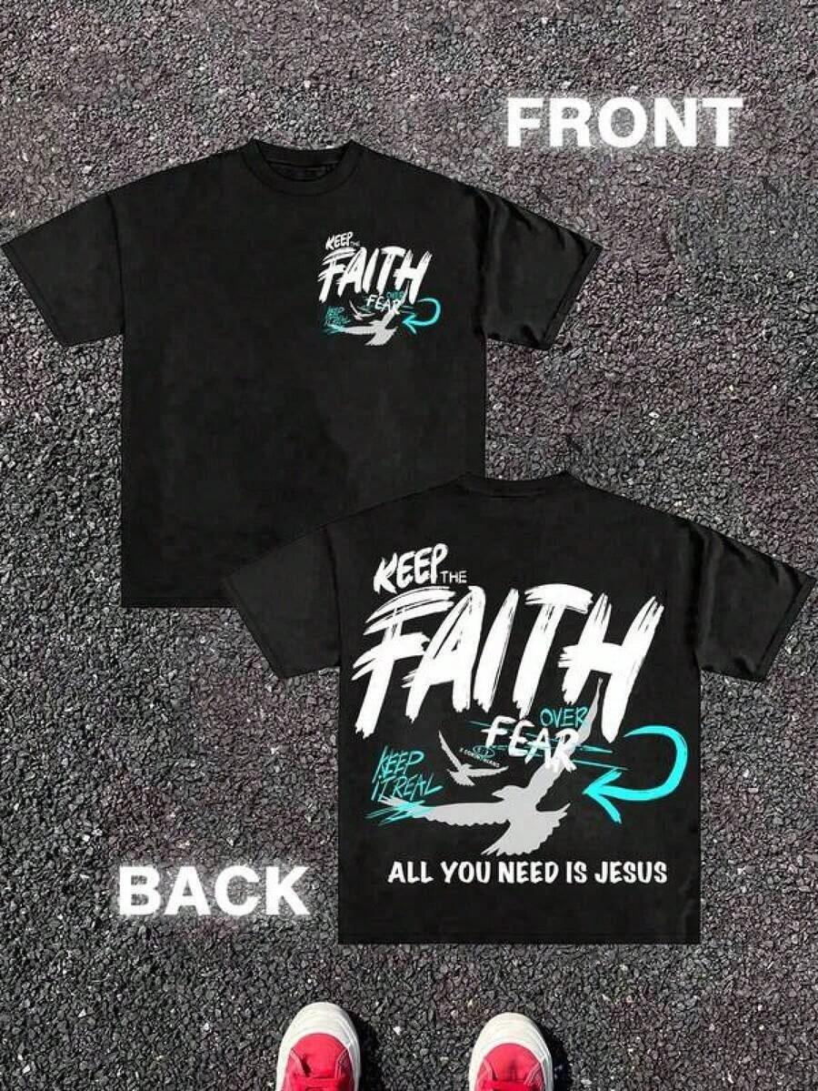 T-shirt en coton imprimé grande taille pour homme : << Gardez la foi plutôt que la peur, tout ce dont vous avez besoin c'est Jésus, la paix, le Christ » (T-shirt en coton). T-shirt décontracté à manches courtes et col rond pour homme, coupe ample, polyvalent, unisexe, idéal pour les voyages et les vacances. Chemise oversize style années 2000 pour homme, tailles S à 5XL, 100 % coton, idéale pour l'été. - Noir - Voir 1
