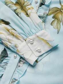 Blusa de gasa con estampado floral elegante, cuello alto y mangas farol - Negro - Ver 3