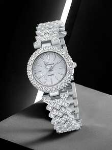 2 Pieces/Set, Women's Fashionable And Casual Quartz Watch, Round Luxury All Diamond Watch, Paired With Diamond Inlaid Bracelet Jewelry Combination Set, Suitable For Daily Wear, Festivals And Party Occasions, Is The Best Gift For Women. - Silver - View 4