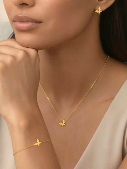 4pcs Stainless Steel Fashion Jewelry Set For Women, 18K Gold Plated Dragonfly Pendant Necklace, Bracelet, Earrings, Suitable For Valentine's Day, Mother's Day, Back To School, Graduation, Party, Anniversary, Date, Birthday Gift