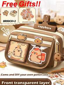 6件套：铅笔盒、5张贴纸、可爱水豚铅笔盒、多层水豚铅笔盒、水豚胸针，可用于收纳学习用品、钢笔、尺子、橡皮擦，也可作家居装饰（随机赠送5张贴纸） - 彩色 - 查看 7