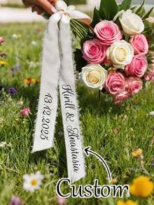 Personalized Wedding Floral Ribbon - Floral Jacquard With Customizable Name And Date, Ideal For Wedding Parties, Birthdays And Graduations. Made Of Polyester, Elegantly Designed, These Carefully Crafted Ribbons Are Perfect As Wedding Guest Favors And Celebration Decorations. - Multicolor - View 1