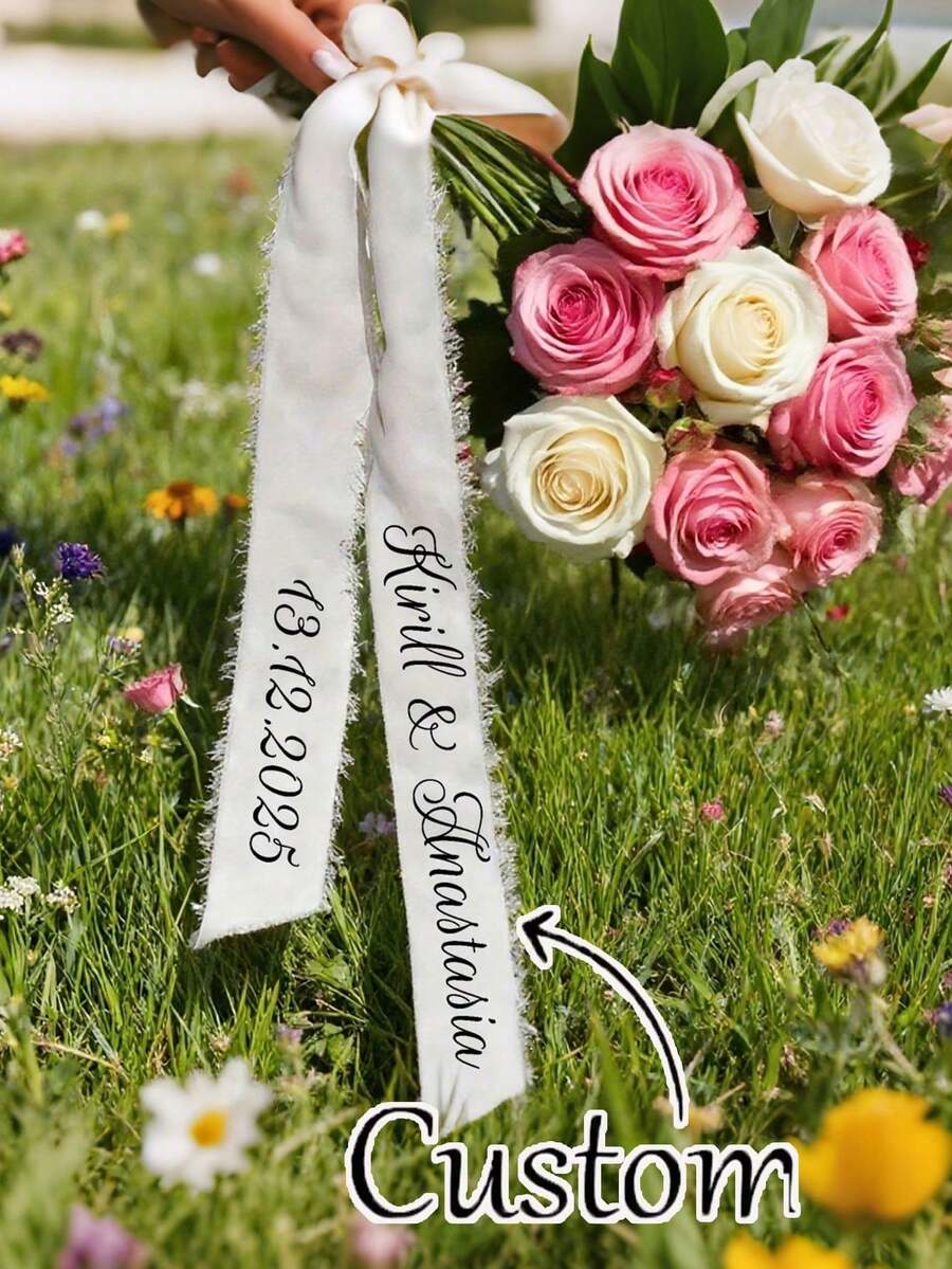 Personalized Wedding Floral Ribbon - Floral Jacquard With Customizable Name And Date, Ideal For Wedding Parties, Birthdays And Graduations. Made Of Polyester, Elegantly Designed, These Carefully Crafted Ribbons Are Perfect As Wedding Guest Favors And Celebration Decorations. - Multicolor - View 1