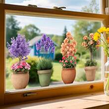 1pc European Style Potted Artificial Green Plant Sticker, Lavender & Rose Combination, Self-Adhesive, Decorate Window Sill With Cozy Atmosphere - Multicolor - View 4