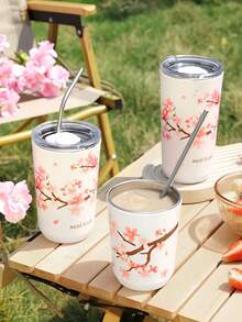 1pc Women's Sakura Flower Insulated Tumbler With Lid, Pink Floral Pattern, Double-Wall Vacuum Design, Suitable For Carrying Hot Drinks Like Coffee And Tea Outdoors, Travel Coffee/Tea Cup, Gift For Women, Family, Friends - Multicolor - View 6