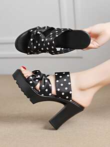 Women's High Heel Sandals, Non-Slip Increased Height Wear-Resistant Soft Satin Bow Polka Dot Open Toe Double Strap Waterproof Platform Chunky Heel Sandals, French Retro Style For Party, Date, Commute, Shopping, Afternoon Tea, Daily Wear, White & Black Polka Dot - Black - View 4