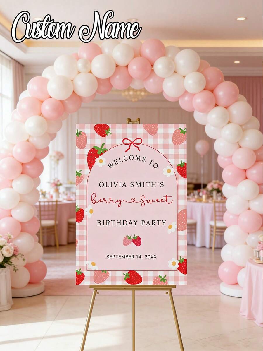 1 Peça - Pôster Personalizado de Primeiro Aniversário com Tema de Morango, A Compra Inclui o Logo da Festa de Aniversário de Morango, Placa de Boas-Vindas Personalizada com Nome para a Decoração da Festa de Morango Doce, Decorações de Morango, Pôster de Festa de Aniversário, Placa de Boas-Vindas Editável de Primeiro Aniversário de Morango, Pôster de Primeiro Aniversário Imprimível, Pôster de Boas-Vindas Personalizado de Aniversário de Morango. - Multicolorido - Visão 1