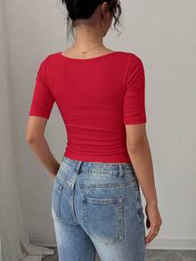 PRETTYGARDEN Womens Summer Short Sleeve Tops Boat Neck Ribbed Knit Slim Fit T Shirt Casual Basic Top Y2K Clothes - 紅色 - 查看 2